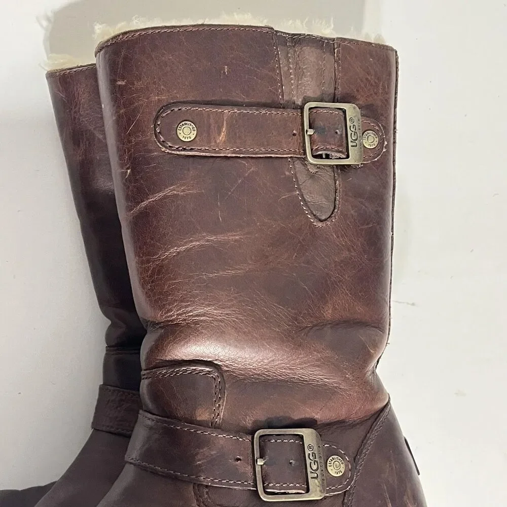 UGG Boots Womens Size 7 Full Grain Leather Shearling Lined Buckle Mid Calf 3325